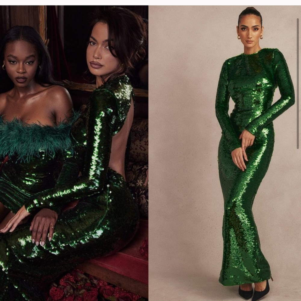 HOUSE OF CB 'Belle' Pine Green Sequin Maxi Dress NWOT Size Small Prom dress